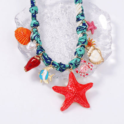 Coastal Charm Alloy Drip Oil Sea Star Shell Fish Print Crab Pendant Braided Necklace – Perfect Nautical Jewelry for Beach Lovers