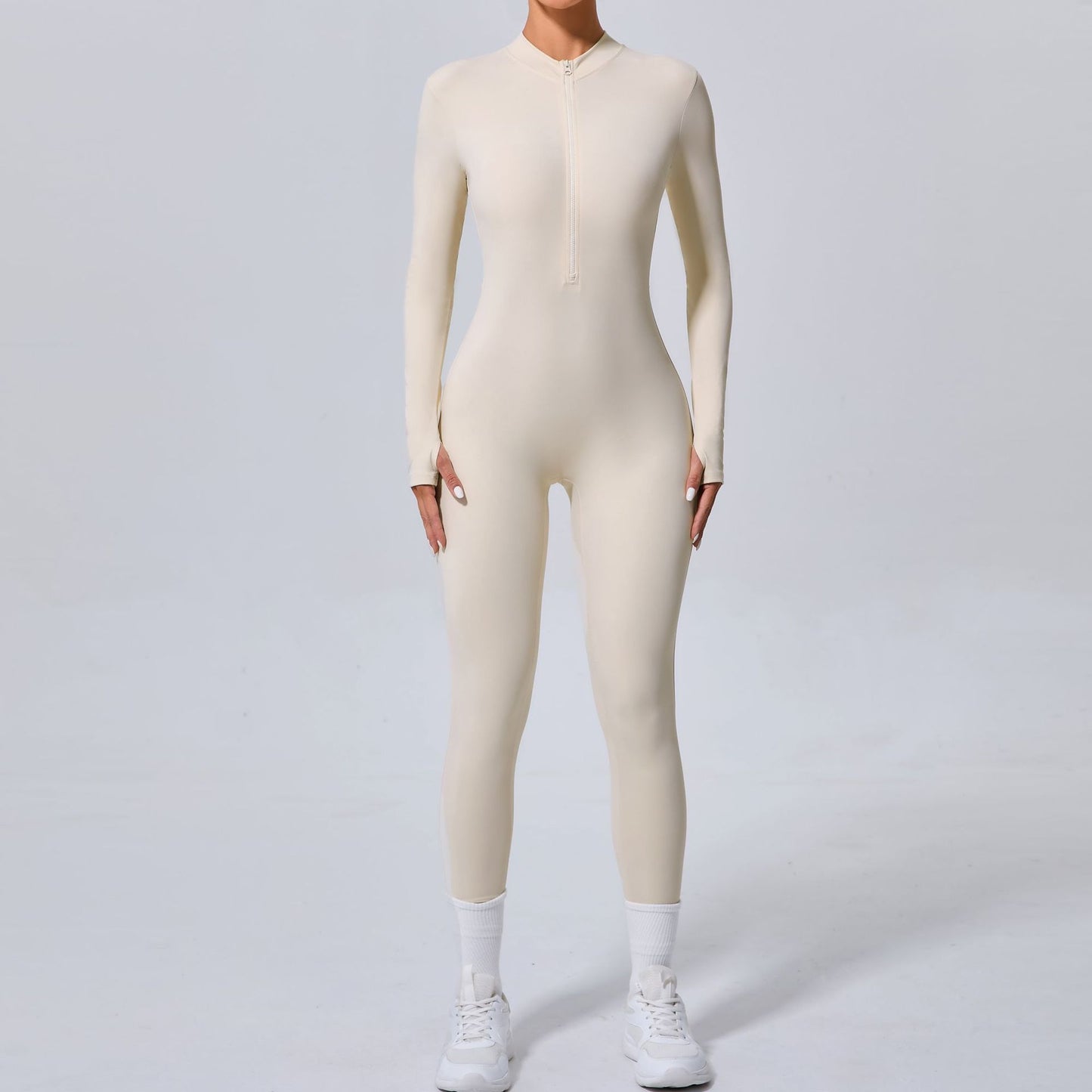 Sleek Half Zip Yoga Bodysuit with Finger Holes Slim Fit No Padding Sportswear for Enhanced Comfort and Flexibility Model 5025