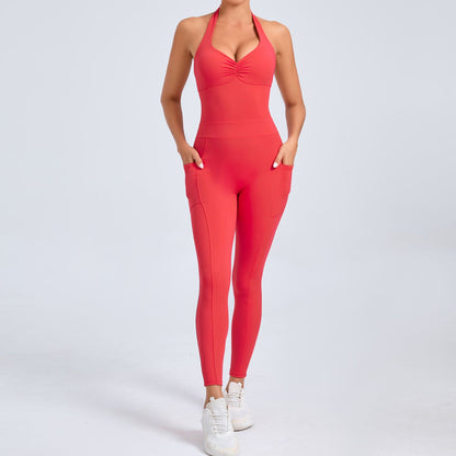 Backless Yoga Jumpsuit for Women Adjustable Neck Design with Side Pockets for Dance and Fitness