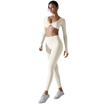 Seamless Solid Color Double Sided Long Sleeve Yoga Set High Stretch Antimicrobial Fitness Apparel for Comfort and Performance