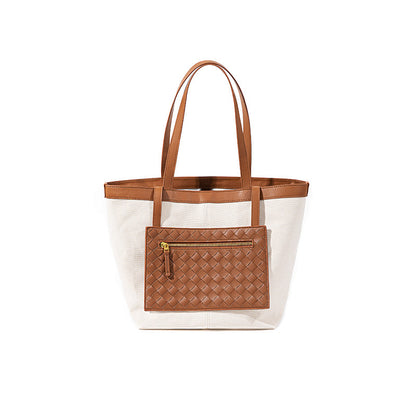Chic Color Blocked Canvas Tote Bag Spacious Woven Shoulder Bag for Commuters Featuring Leather Accents for Women