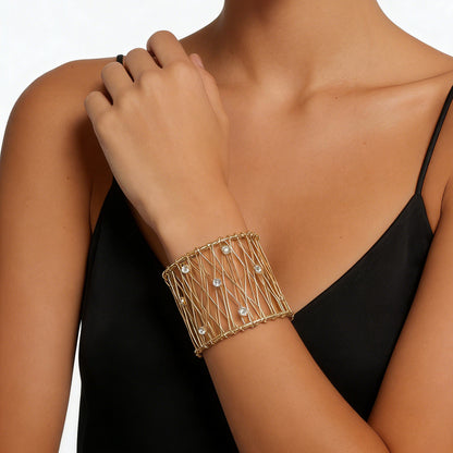 Exaggerated Chic Minimalist Metal Mesh Wide Band Open-Back Women's Bracelet with Micro-Set Zircon Stones - Perfect for Every Occasion!