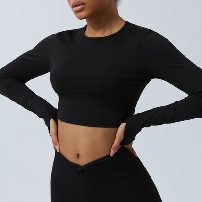 Chic Spring Hollow Out Back Workout Top with Knot Design Cropped Long Sleeve Yoga Shirt with Built In Bra for Comfort and Style