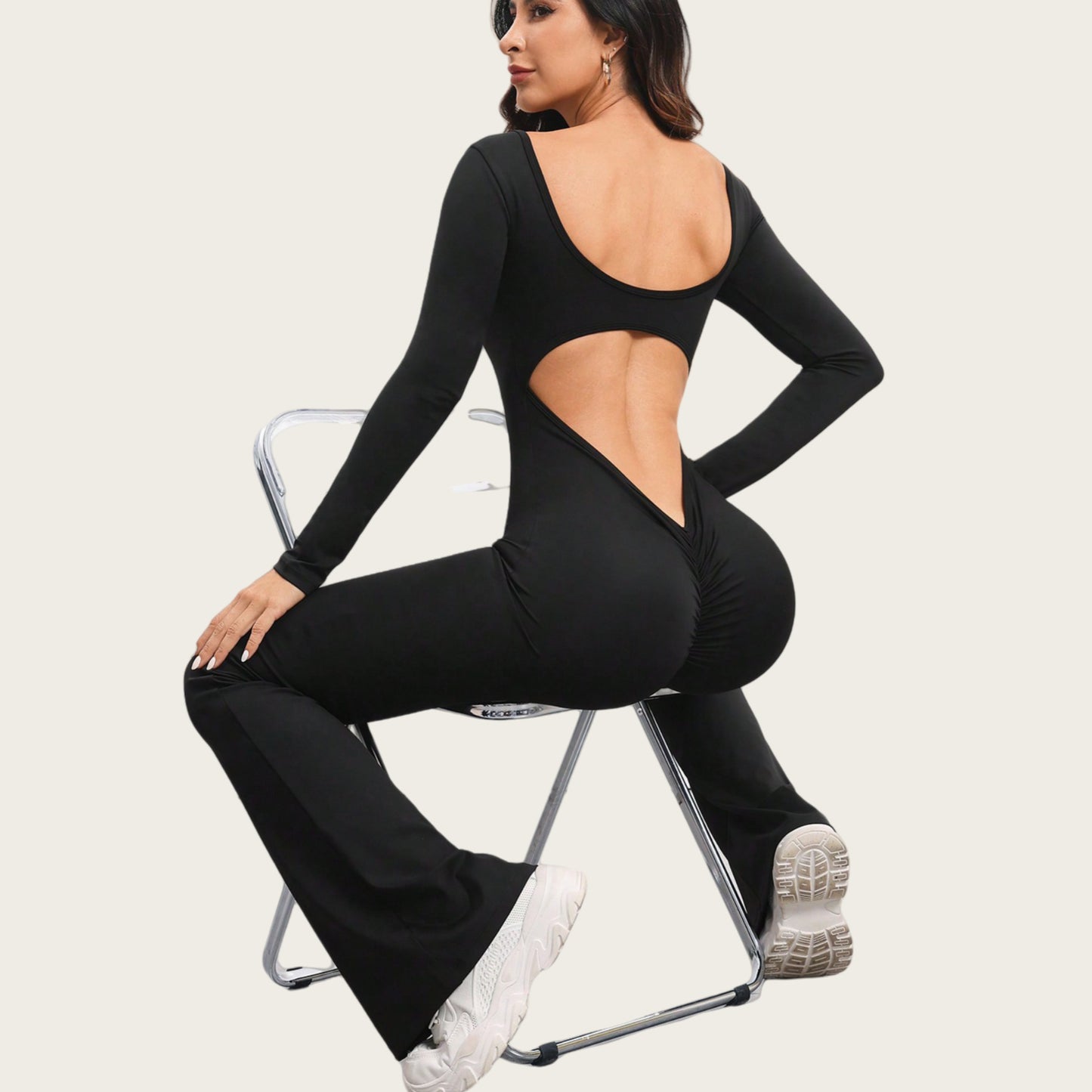 Women's Slim Fit Long Sleeve Yoga Jumpsuit with Butt Lifting Design Flared Leg Pants for Dance Running and Fitness Comfortable Activewear