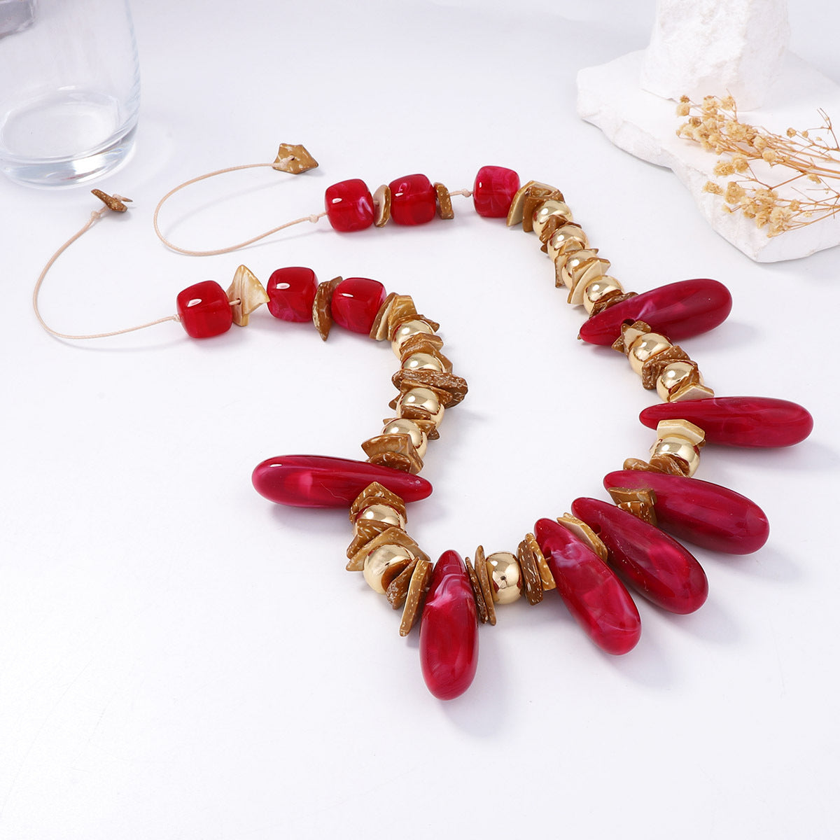 Exaggerated Retro Artistic Geometric Resin Big Drop CCB Wooden Pendant Adjustable Rope Necklace – Unique Style for Any Occasion