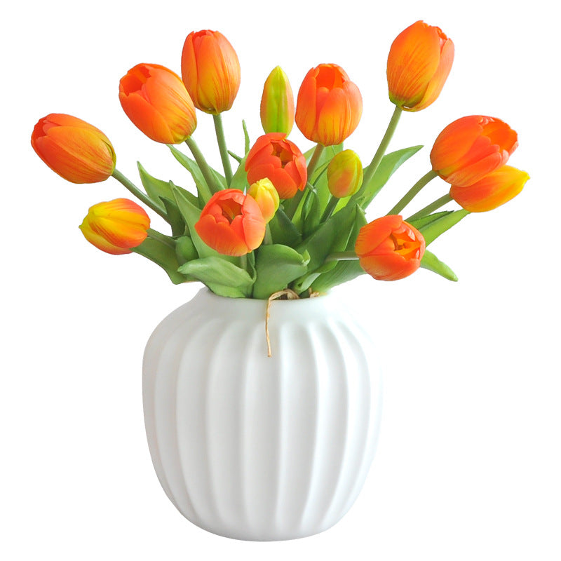 5-Head Short Stem Tulip Bouquet - Realistic Faux Flowers for Home Decor, Perfect Photo Props, and Soft Rubber Tulip Arrangement for Lasting Beauty