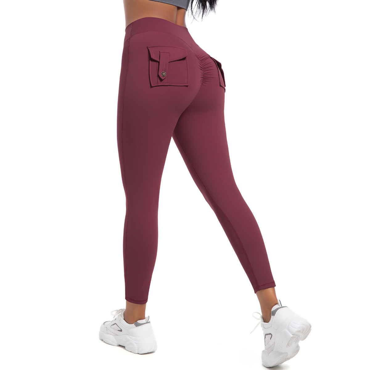 High Waisted Peach Fitness Leggings with Buttoned Pockets Stretchy Quick Dry Tummy Control Yoga Pants for Running and Workout