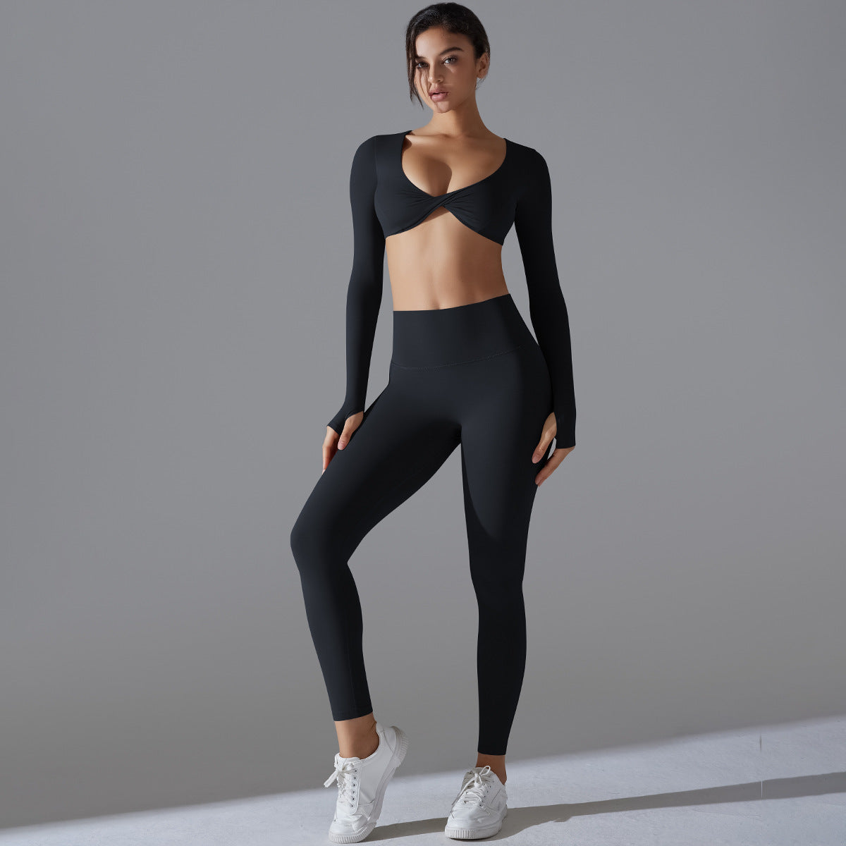 Seamless Solid Color Double Sided Long Sleeve Yoga Set High Stretch Antimicrobial Fitness Apparel for Comfort and Performance