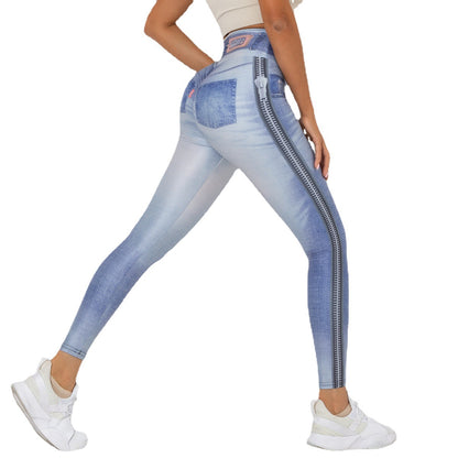 Digital Print High Elastic Quick Dry Yoga Leggings for Women Denim Blue Compression Pants for Running Fitness and Activewear