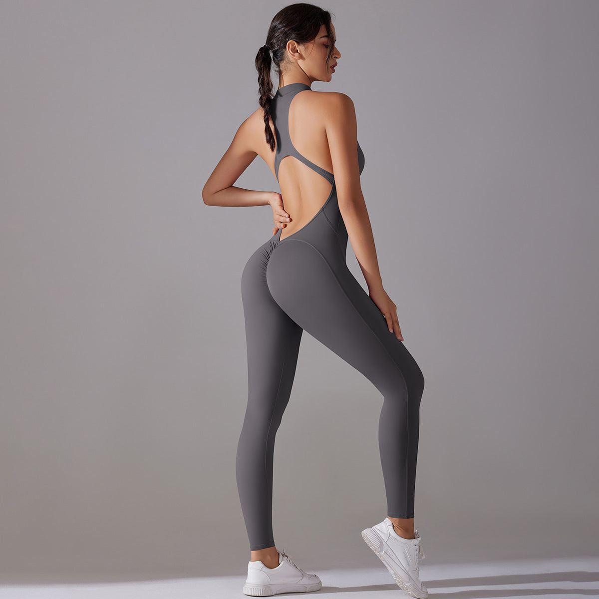 Sculpting Full Body Zip Up Yoga Suit Shaping Compression Bodysuit with Cutout Design for Enhanced Back Support and Flexibility