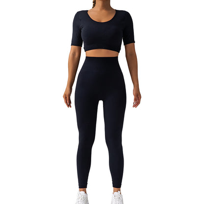 Back Designed Short Sleeve Yoga Top with Chest Pads High Waisted Tummy Control Leggings Women's Three Quarter Length Activewear Set for Comfort and Support