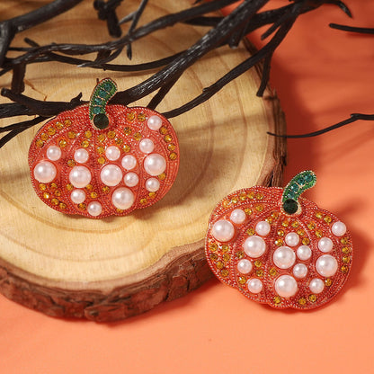 Creative Halloween Pumpkin Earrings with Faux Pearl and Zirconia Accent - Stylish and Versatile Alloy Design for Effortless Fashion