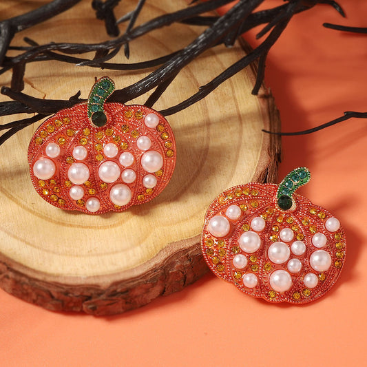 Creative Halloween Pumpkin Earrings with Faux Pearl and Zirconia Accent - Stylish and Versatile Alloy Design for Effortless Fashion