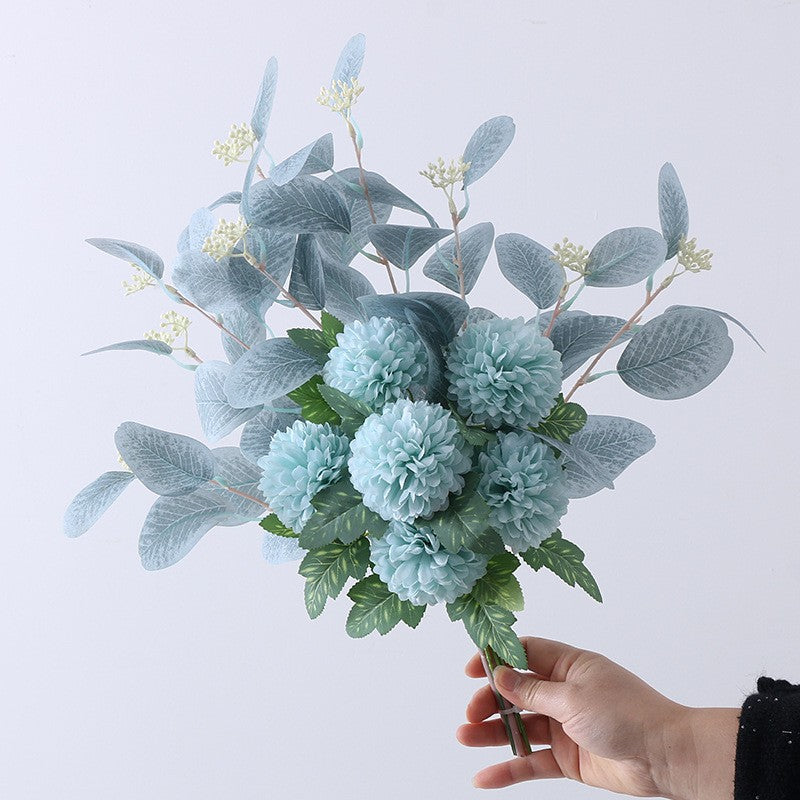 Realistic Nordic Home Decor Faux Flowers – Eucalyptus Leaf Ball Daisies Artificial Handheld Bouquet - Perfect for Weddings, Parties, and Everyday Decor