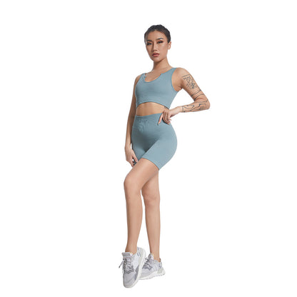 Seamless V Neck Ribbed Yoga Outfit Set for Women Striped Sports Bra and High Waisted Compression Shorts for Comfort and Flexibility