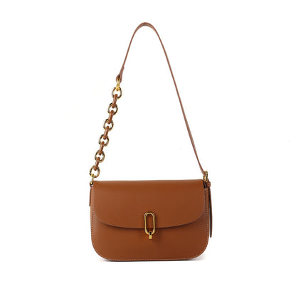 Genuine Leather Saddle Bag Chic and Minimalist Design with Unique Lock Closure Women's Chain Shoulder and Crossbody Bag