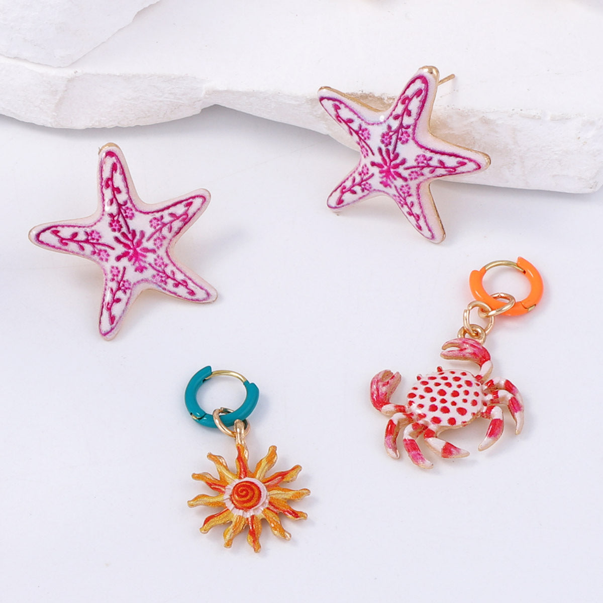Chic and Artistic Drip Oil Design Alloy Starfish Crab Four-Piece Earring Set – Elegant and Versatile Accessories for Women