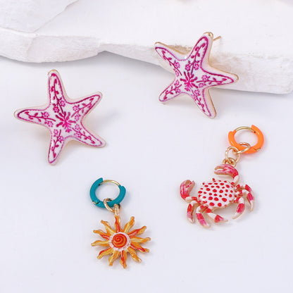 Chic and Artistic Drip Oil Design Alloy Starfish Crab Four-Piece Earring Set – Elegant and Versatile Accessories for Women