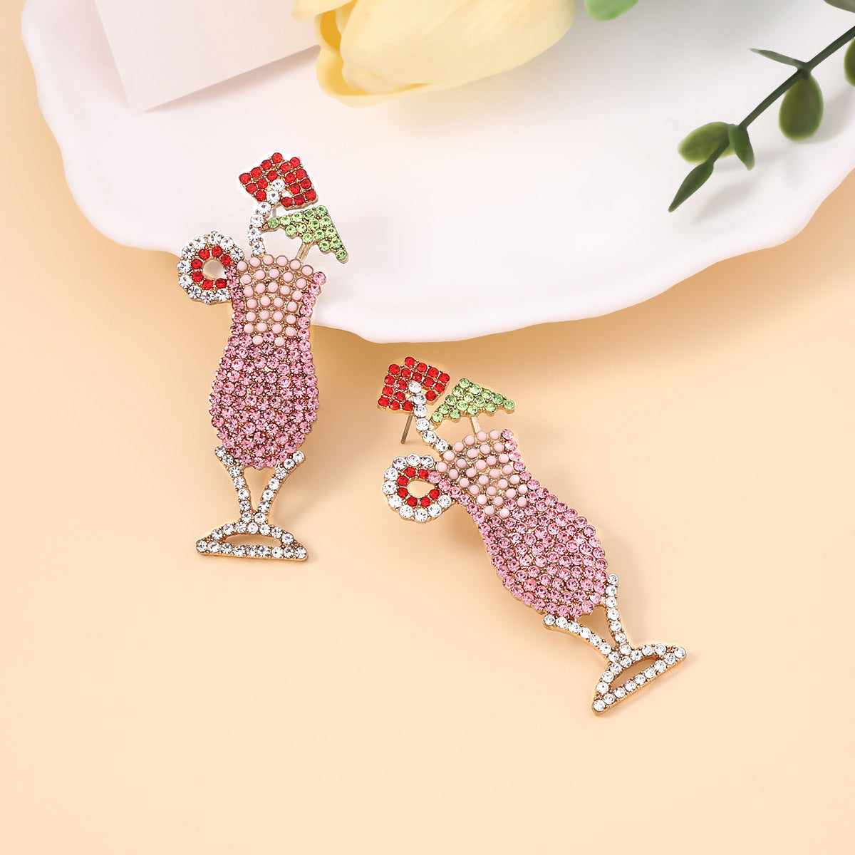 Hawaiian-Inspired Statement Drink Cup Earrings for Women – Colorful, Gem-Studded Fruit Cocktail Jewelry Accessory