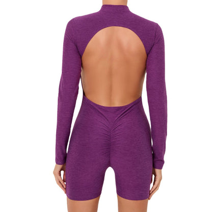 Chic Open Collar Zipper Back Long Sleeve Bodysuit Dance Fitness and Yoga Outfit for Women Form Fitting and Activewear