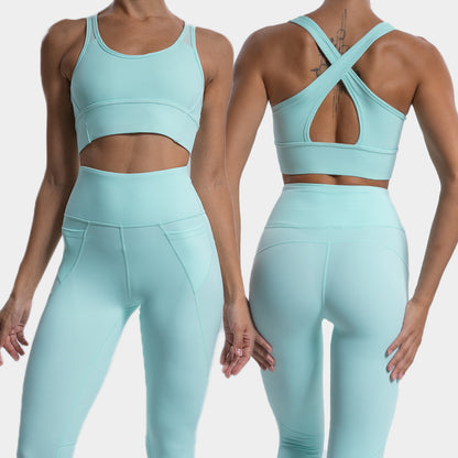 Autumn Winter Yoga Outfit Set Mesh Inset Sports Bra with Dual Pockets High Waisted Yoga Pants for Comfort and Style