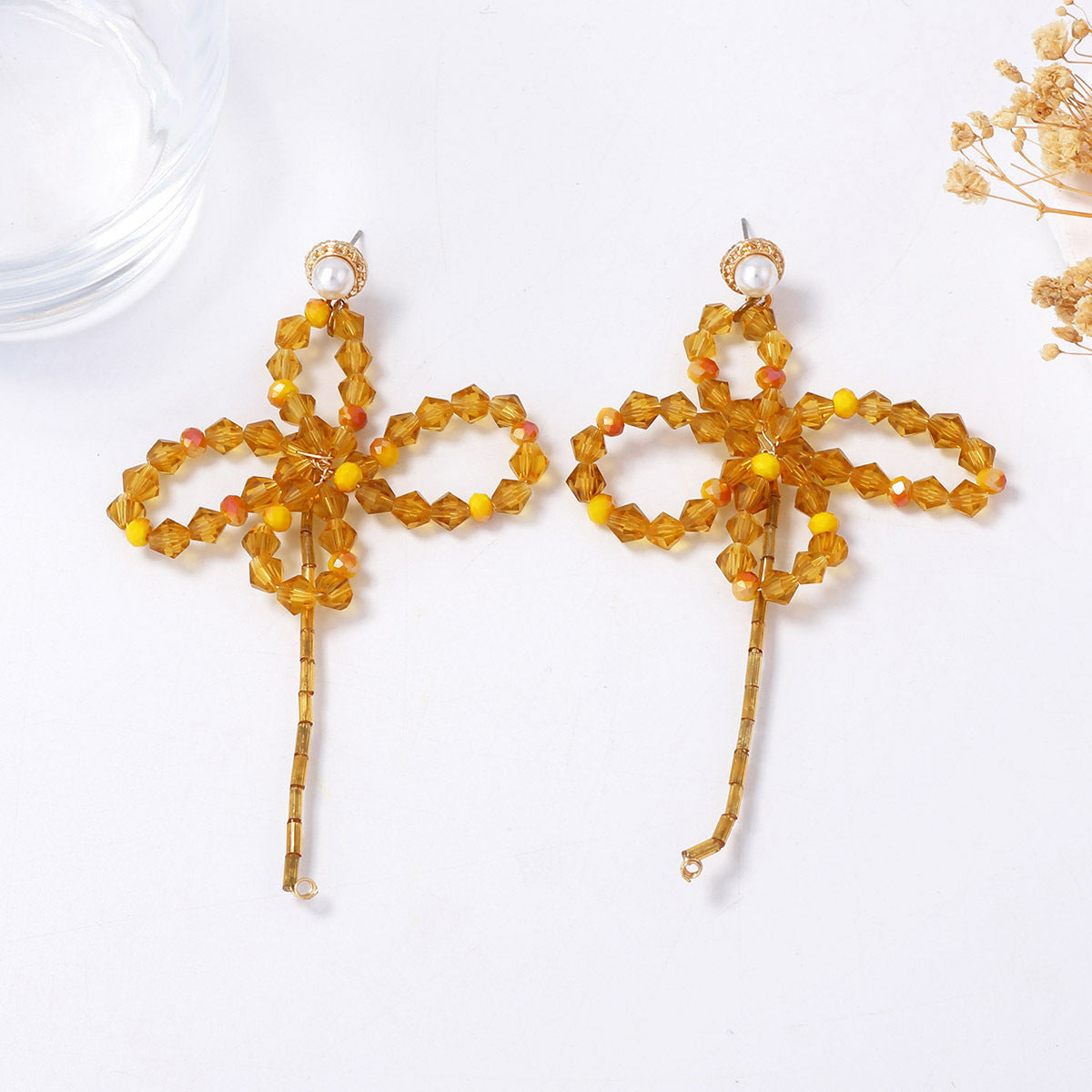 Exaggerated Atmosphere Yellow Crystal Flower Braided Butterfly Earrings – Fresh and Stylish Bohemian-Inspired Jewelry for Women