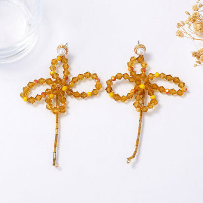 Exaggerated Atmosphere Yellow Crystal Flower Braided Butterfly Earrings – Fresh and Stylish Bohemian-Inspired Jewelry for Women