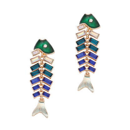 Vintage-Inspired Fishbone Drop Earrings with Rhinestone Accents – Unique Zinc Alloy Animal-Inspired Jewelry for Women
