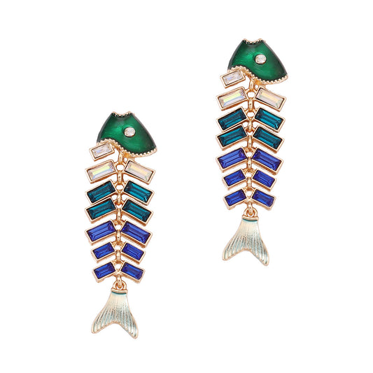 Vintage-Inspired Fishbone Drop Earrings with Rhinestone Accents – Unique Zinc Alloy Animal-Inspired Jewelry for Women