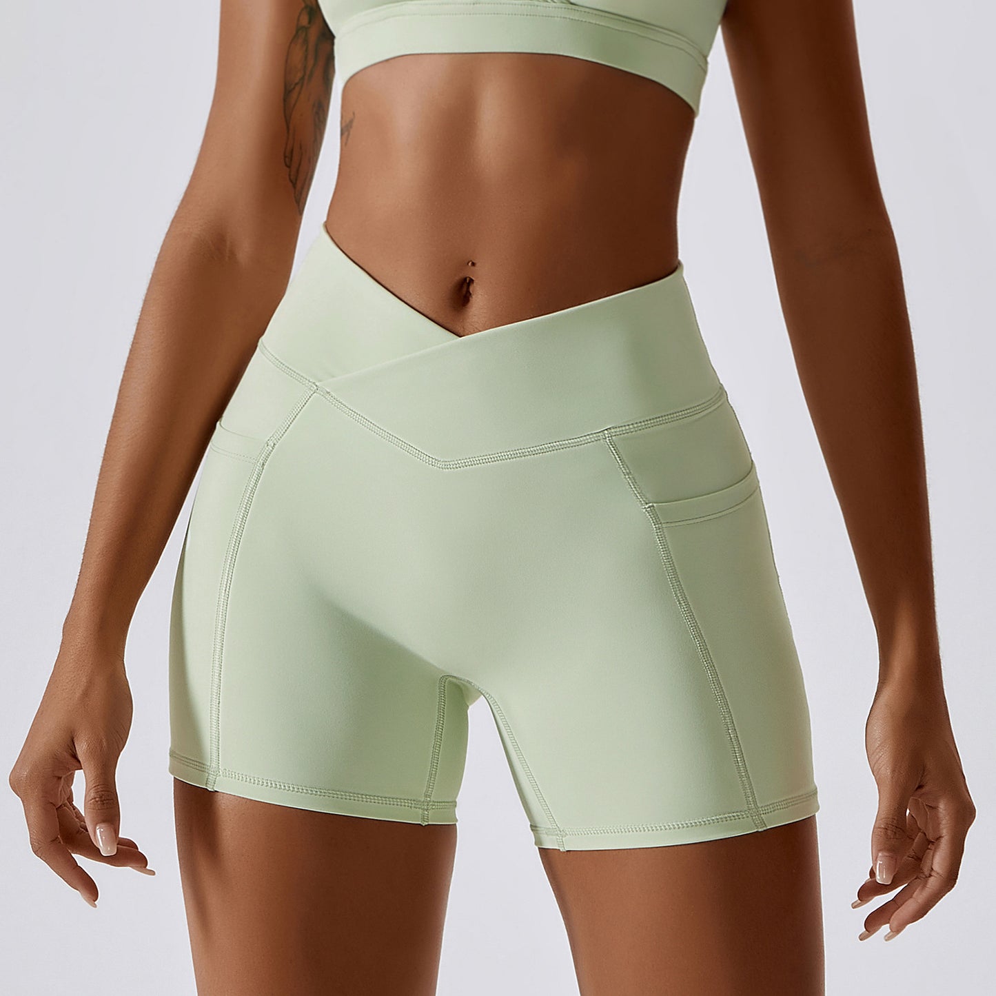 Quick Dry Yoga Shorts with Butt Lifting Design Pocket and Cross Waistband Style 8001 for Active Comfort and Performance