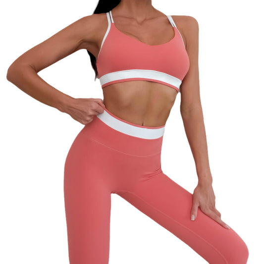 Color Blocked Cross Back Sports Bra and Leggings Set for Comfort in Fitness Running and Pilates