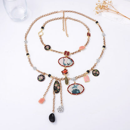 Bohemian Style Alloy Floral & Bird Print Double Layer Tassel Pendant Necklace for Women – Unique, Trendy, and Perfect for Any Occasion