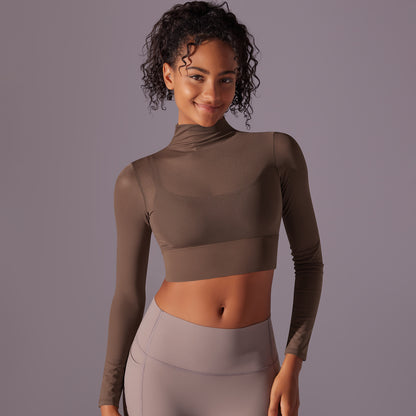 Mesh Long Sleeve High Neck Yoga Top with Built In Bra Two Piece Look for Running Fitness