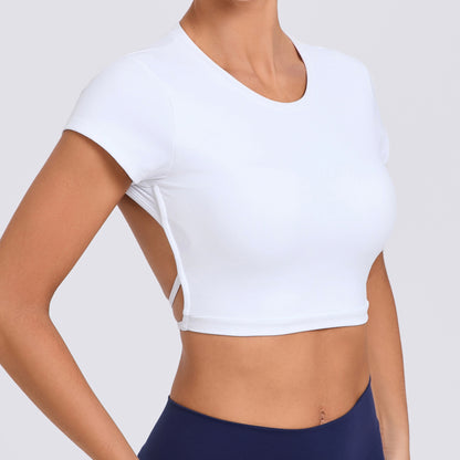 Women's Quick Dry Backless Workout T Shirt with Built In Bra Padding for Fitness and Yoga Sessions Model 71240