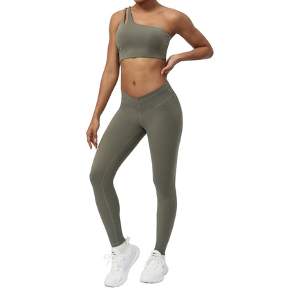 Women's Yoga Set with Asymmetric Shoulder Sports Bra and High Waisted Butt Lift Leggings for Indoor Training and Fitness for Comfort and Performance