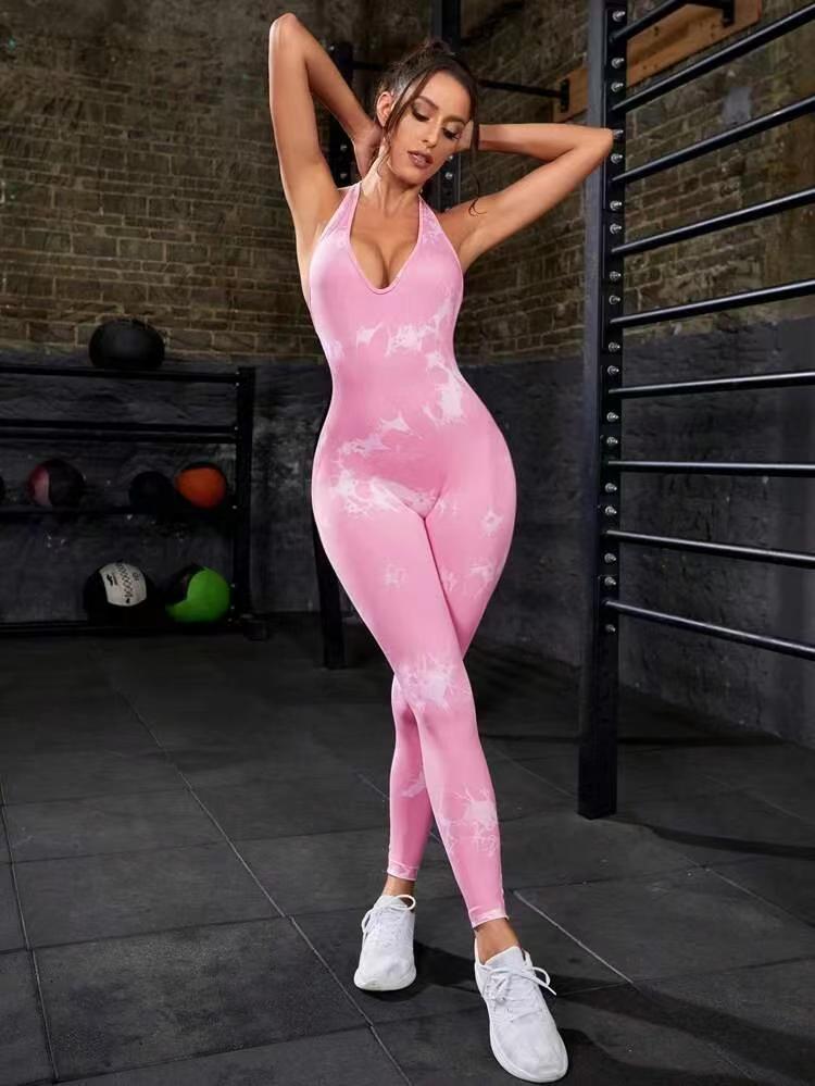 Women's Tie Dye Yoga jumpsuit One Piece Halter Neck Design Peach Butt Lift Bodysuit for Fitness and Workout Enthusiasts