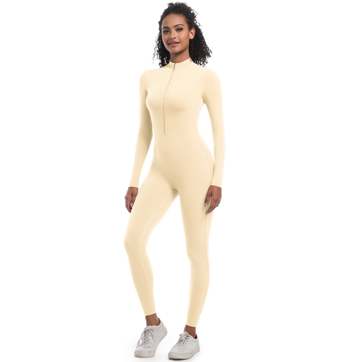 Half Zip Fitted Solid Color High Stretch Long Yoga Jumpsuit for Fitness Running and Active Sports