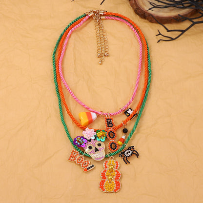 Unique Halloween-Inspired Multi-Layer Alloy Skull and Pumpkin Letter Pendant Necklace – Perfect for Spooky Fashion Enthusiasts