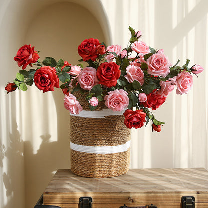 Beautiful Faux Floral Arrangement with 3 American-Style Printed Roses - Perfect for French Dining Tables and Living Room Decor, Ideal for Indoor Home Decoration