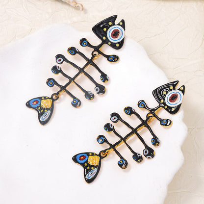 Stylish and Trendy Beach-Inspired Alloy Fishbone Earrings with Unique Oceanic Print for Women - Exaggerated Black Fishbone Design for a Distinctive Look