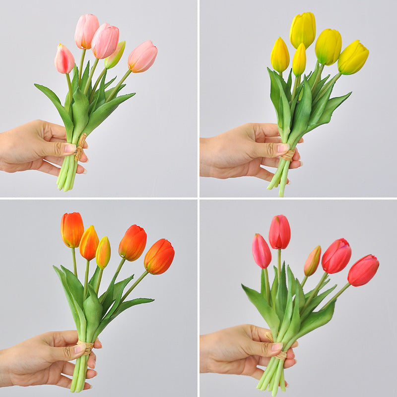 5-Head Short Stem Tulip Bouquet - Realistic Faux Flowers for Home Decor, Perfect Photo Props, and Soft Rubber Tulip Arrangement for Lasting Beauty