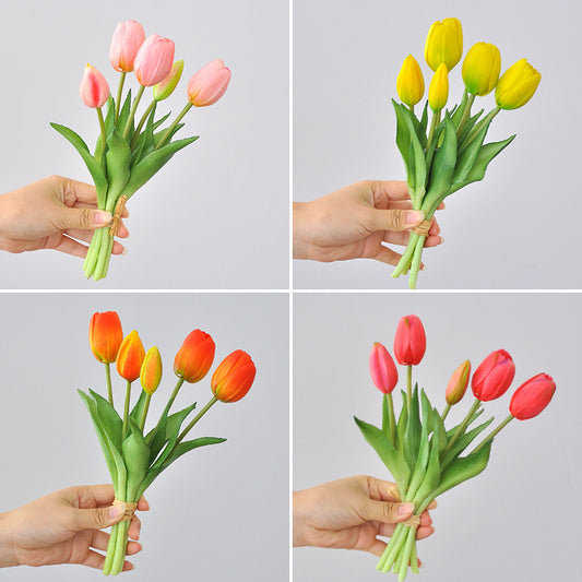 5-Head Short Stem Tulip Bouquet - Realistic Faux Flowers for Home Decor, Perfect Photo Props, and Soft Rubber Tulip Arrangement for Lasting Beauty