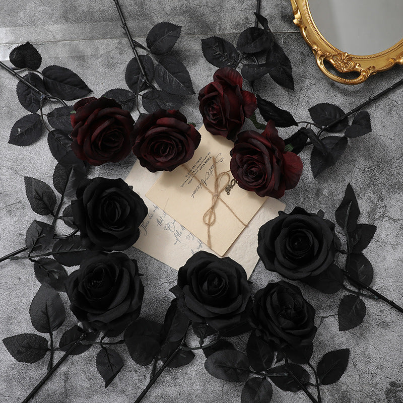 Gothic Black and Dark Red Artificial Roses - Halloween Decor, Realistic Faux Flowers for Photo Styling and Themed Decorations