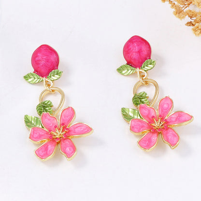 Chic Korean-Inspired Alloy Drop Oil Peach Blossom Earrings - Fresh & Minimalist Design for Stylish Vacation Wear