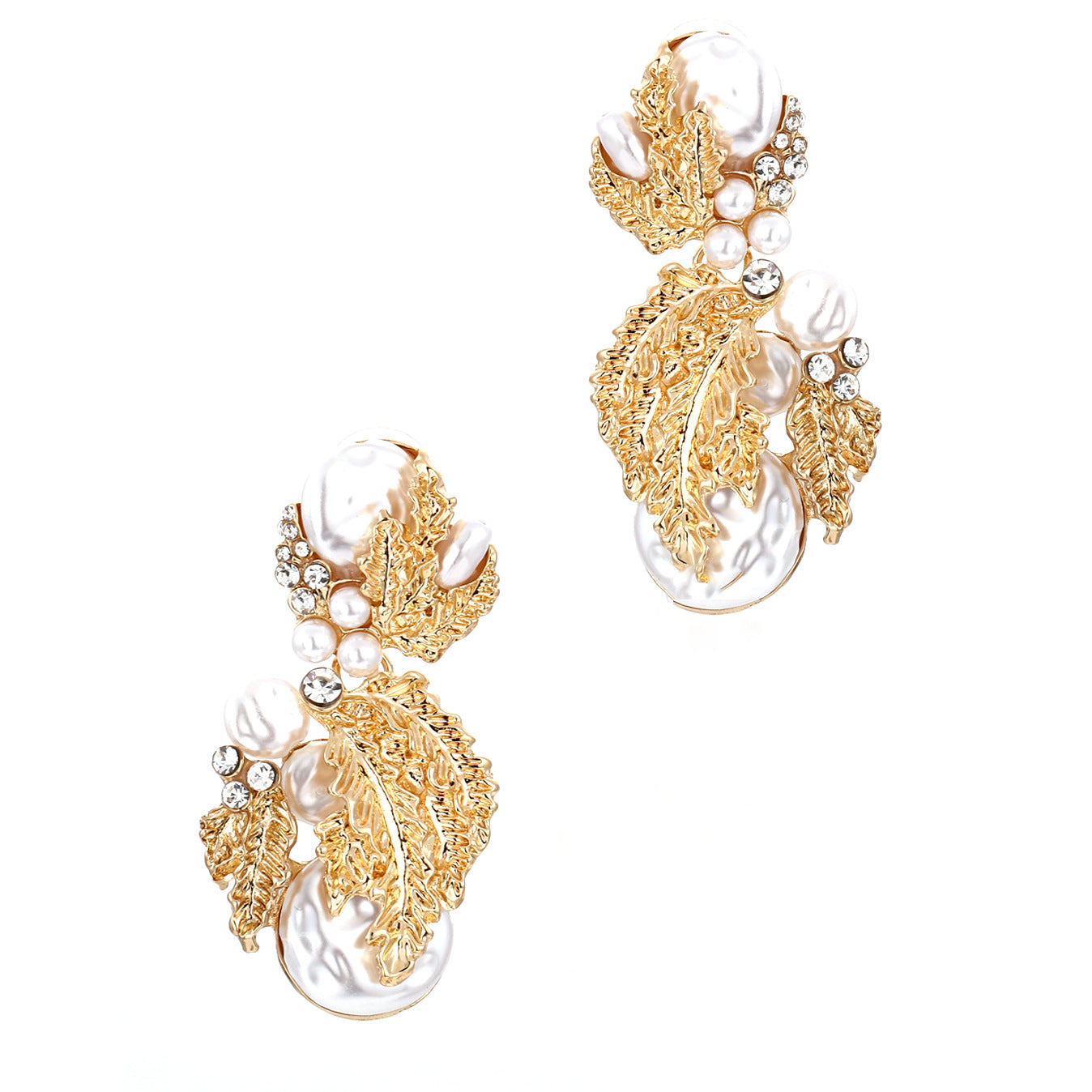 Exquisite Statement Earrings with Sparkling Rhinestones, Elegant Pearl Leaf Design - Trendy Fashion Accessory