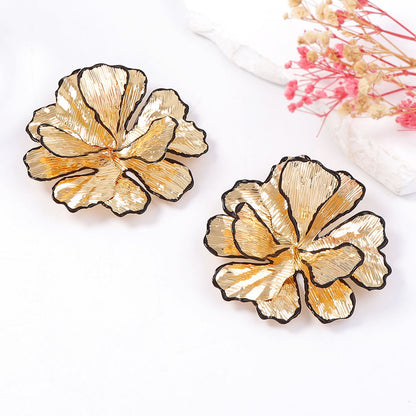 Bold and Unique Oversized Floral Metal Drop Earrings with Black Edges - Versatile Statement Accessories for Casual Elegance