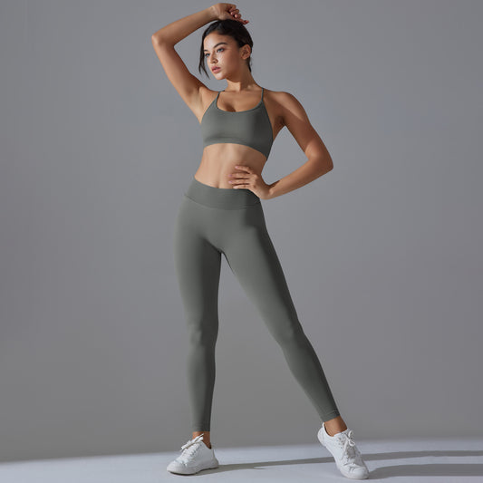 Seamless Cross Back Sport Bra and High Waisted Ruched Leggings Set for Yoga Fitness and Everyday Comfort