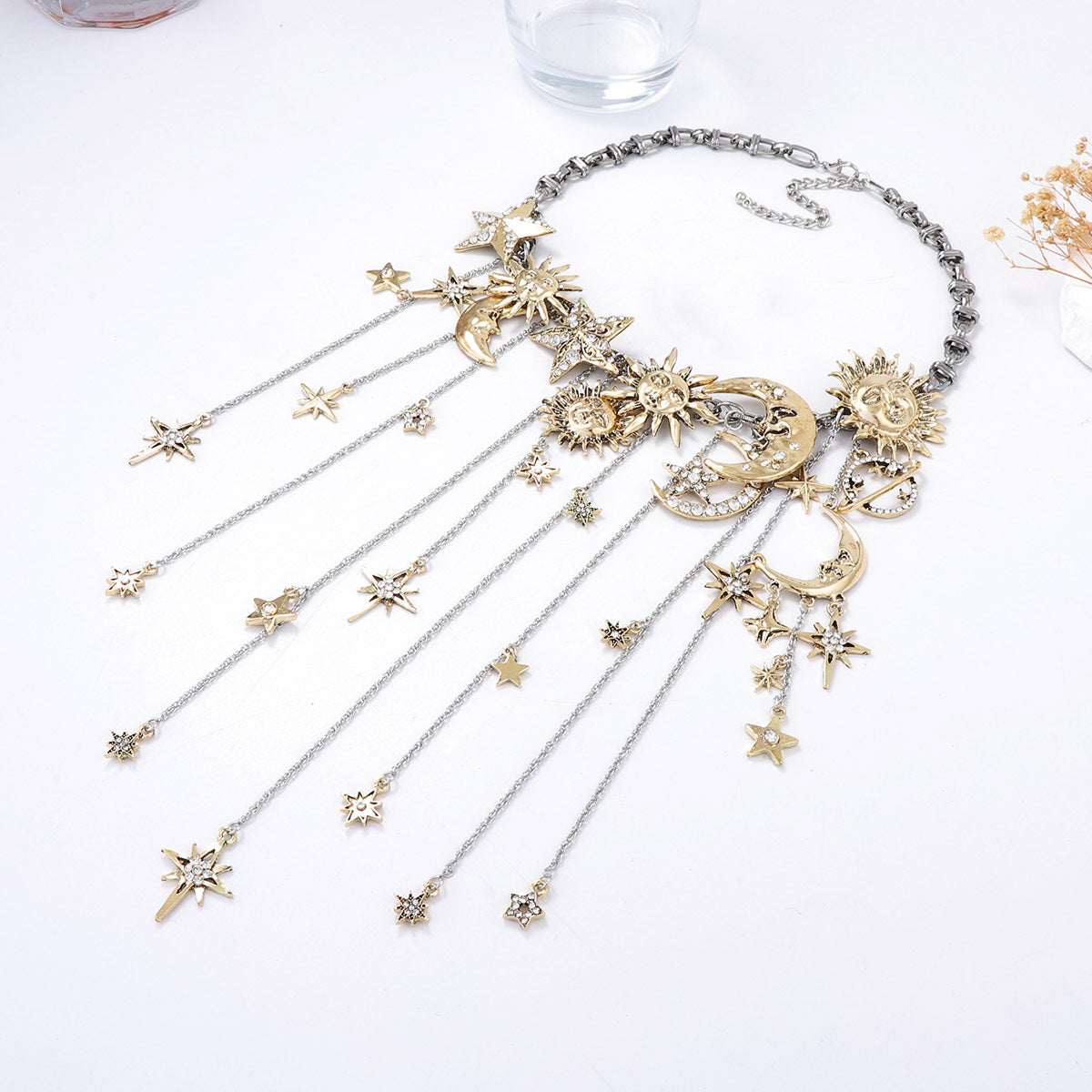 Vintage-Inspired Statement Alloy Necklace with Multi-Stone Moon, Star, and Sun Pendants - Elegant Tassel Design for a Luxe Look