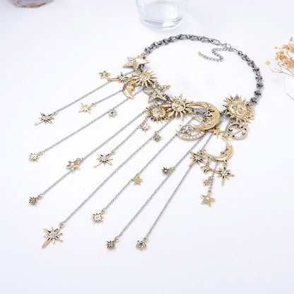 Vintage-Inspired Statement Alloy Necklace with Multi-Stone Moon, Star, and Sun Pendants - Elegant Tassel Design for a Luxe Look