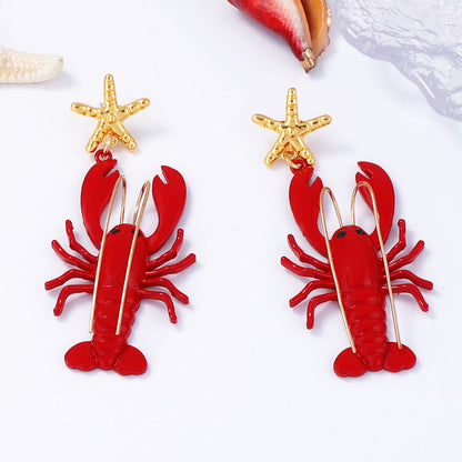 Stylish Coastal Beach Earrings with Unique Design – Long Mustache Painted Lobster & Starfish Dangle Earrings for Women